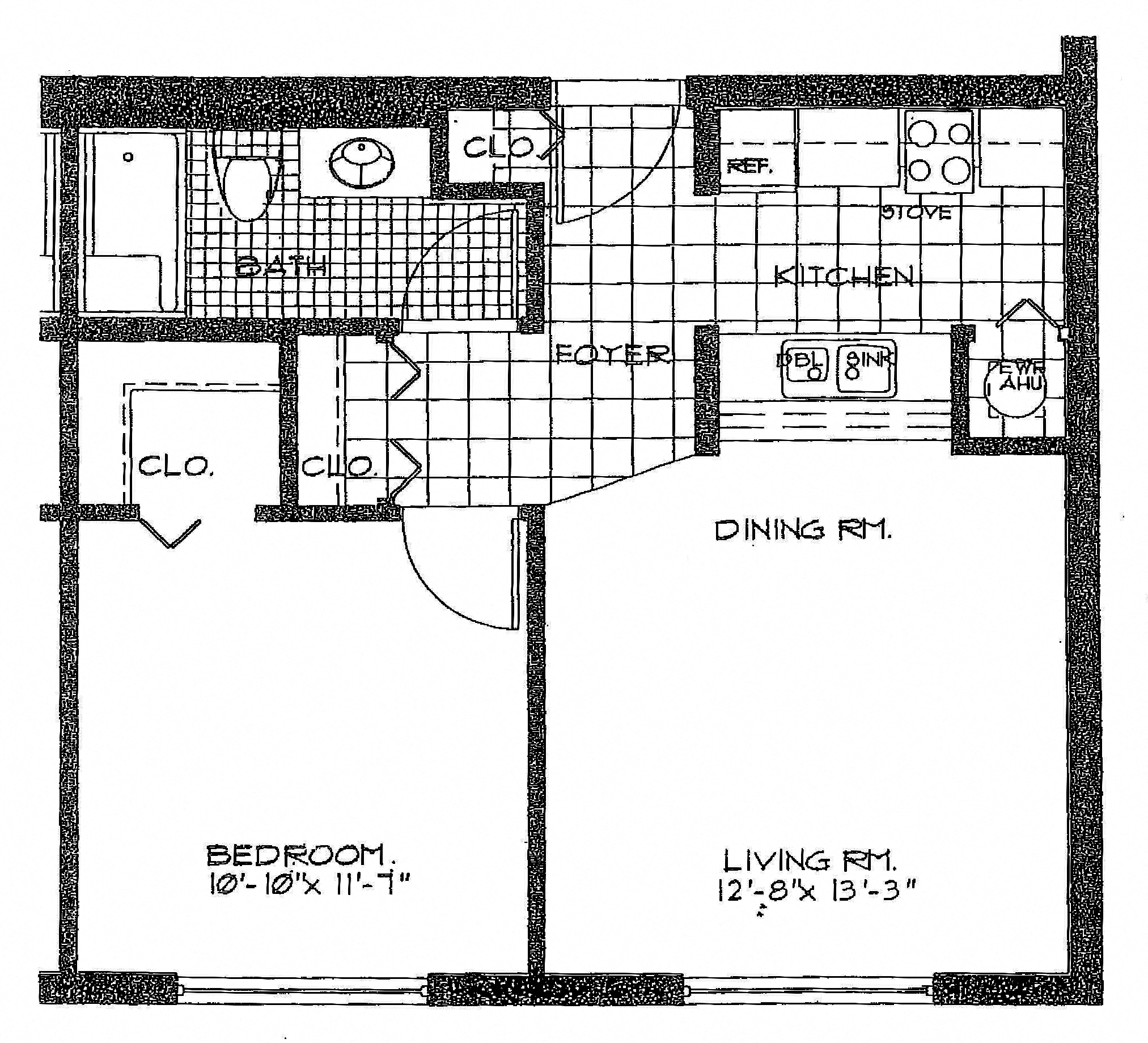 Floor plan for 1 bed, 1 bath, 590 sqft